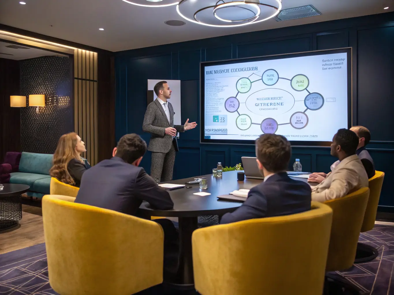 A consultant presenting strategic business insights to a team of automotive executives in a modern office setting, emphasizing growth and innovation.